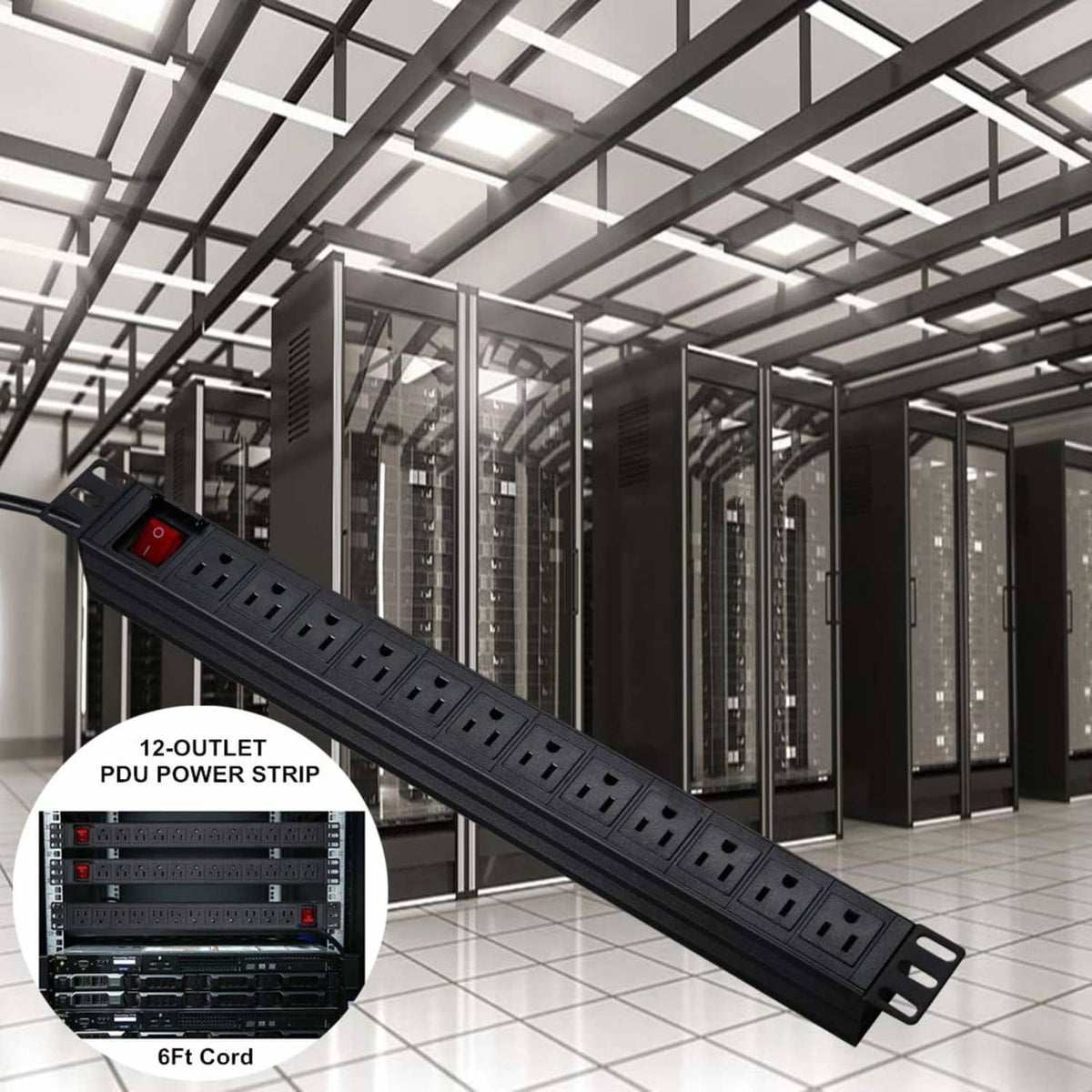 Black rack-mount PDU with 12 outlets mounted in a server rack, 6 ft cord