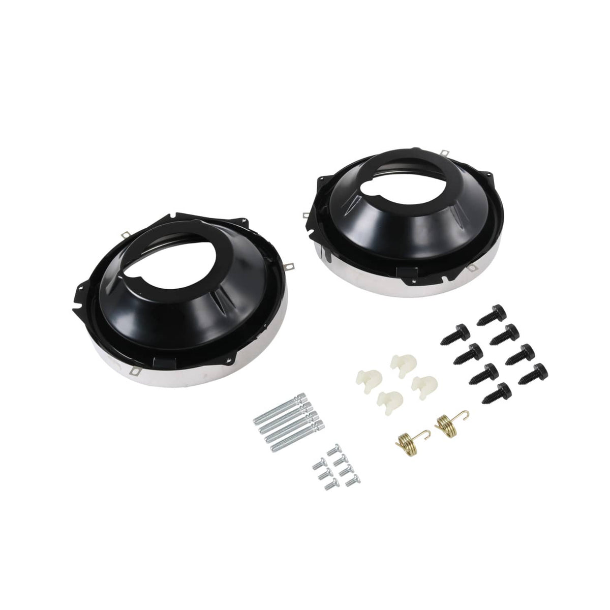 Two black headlight buckets with retaining rings and mixed screw and bracket hardware