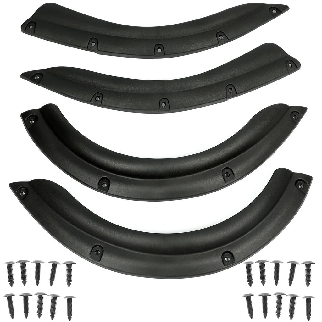 Four-piece black fender flare set with mounting screws, curved fender protection parts