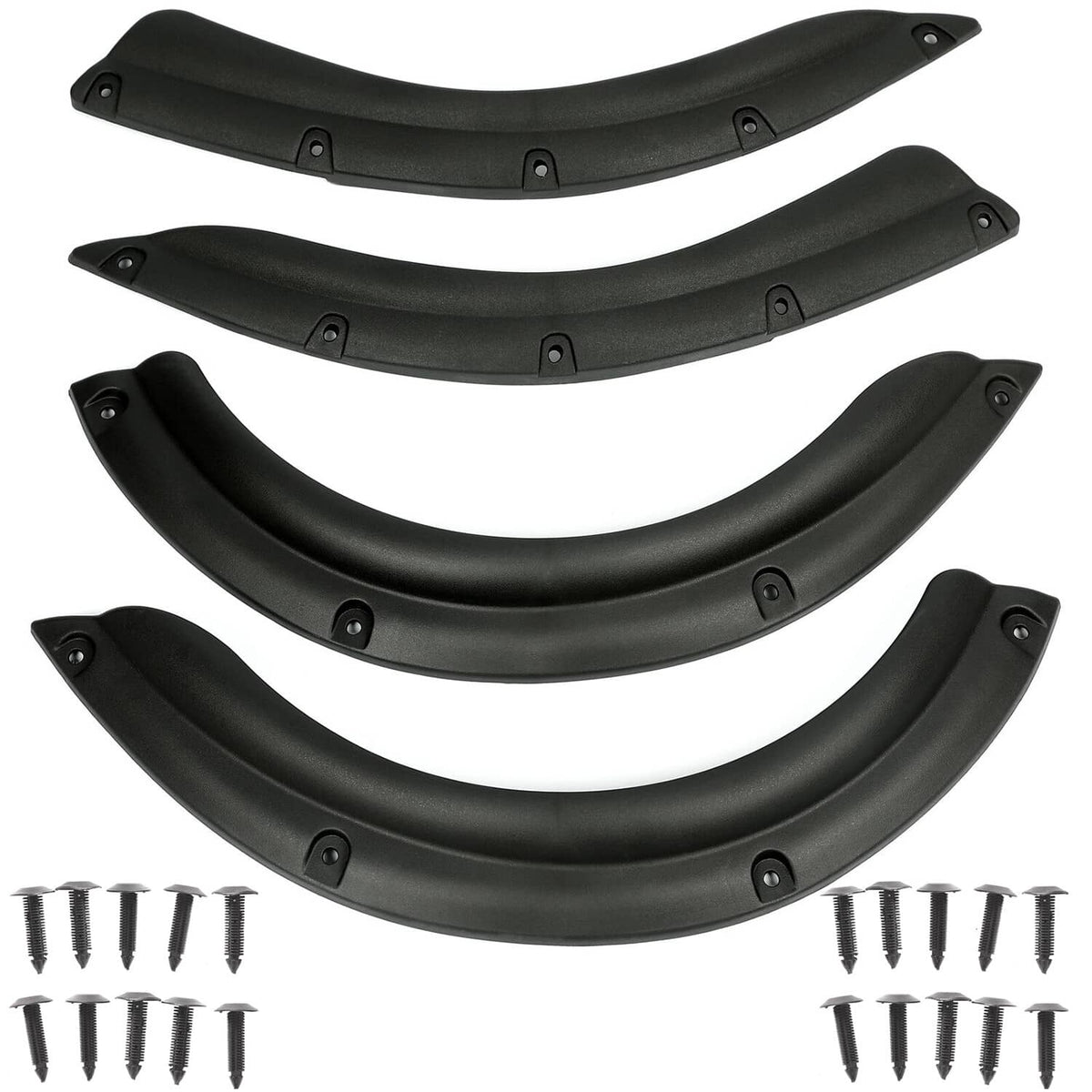 Four-piece black fender flare set with mounting screws, curved fender protection parts