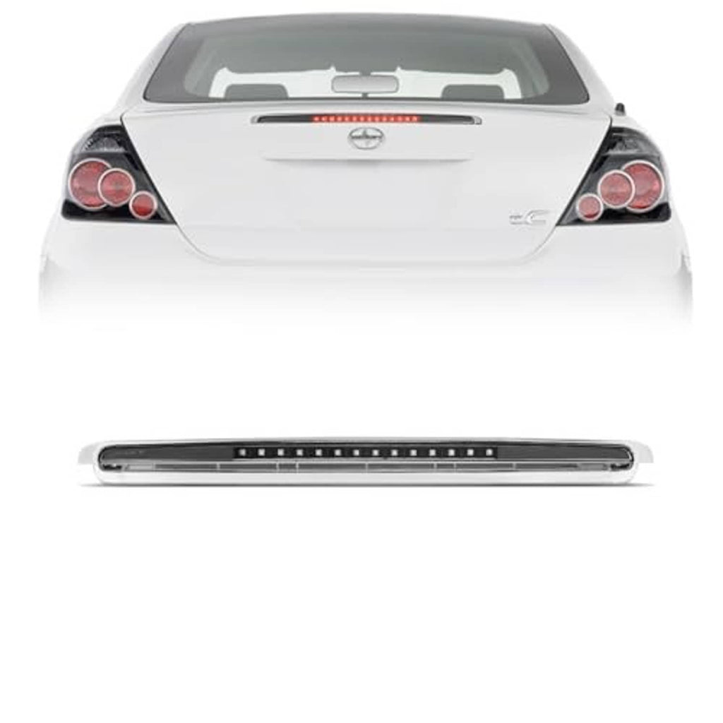 Rear of car with unlit LED third brake light strip in chrome housing