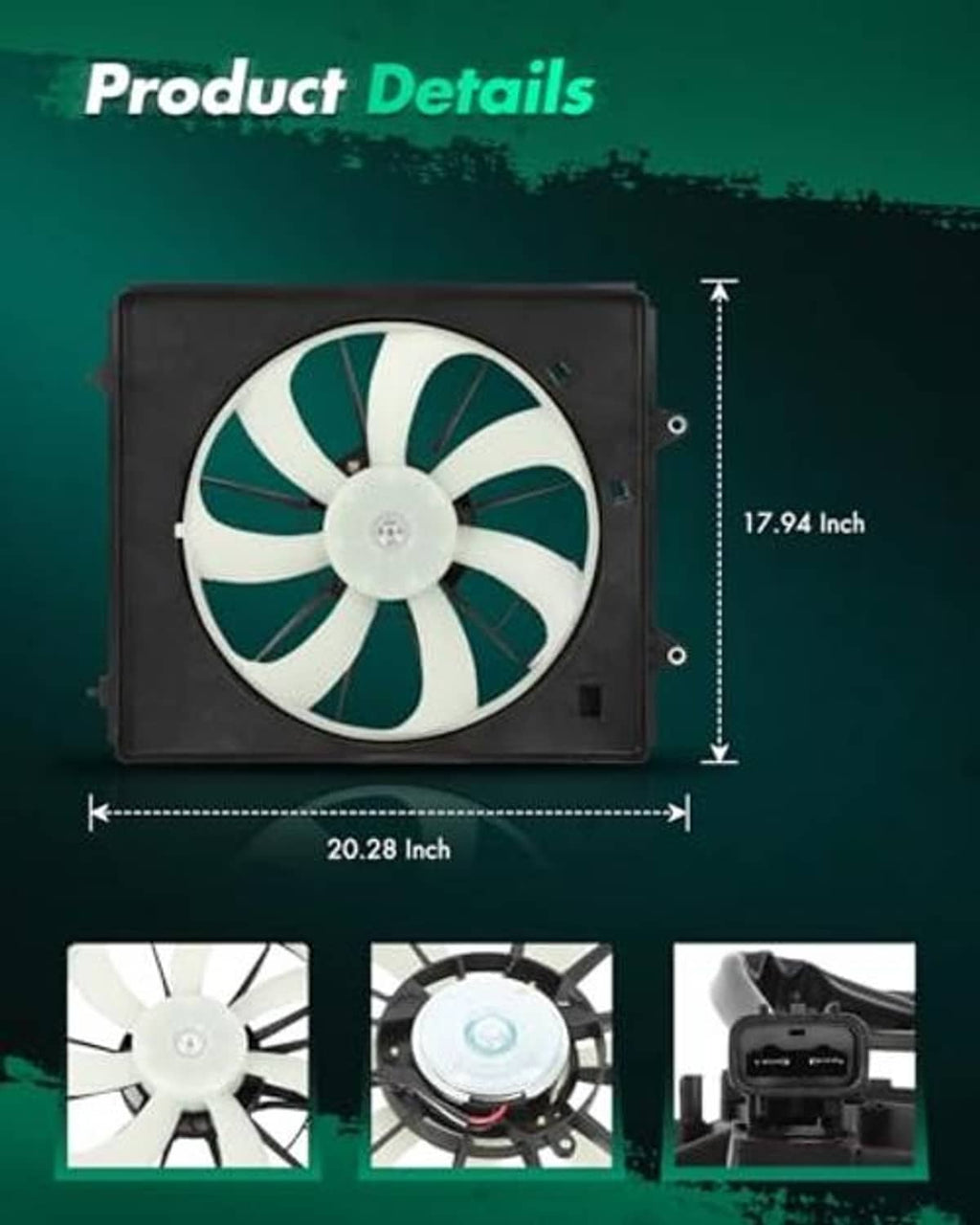 Engine cooling fan assembly with white blades and black frame, shown with size