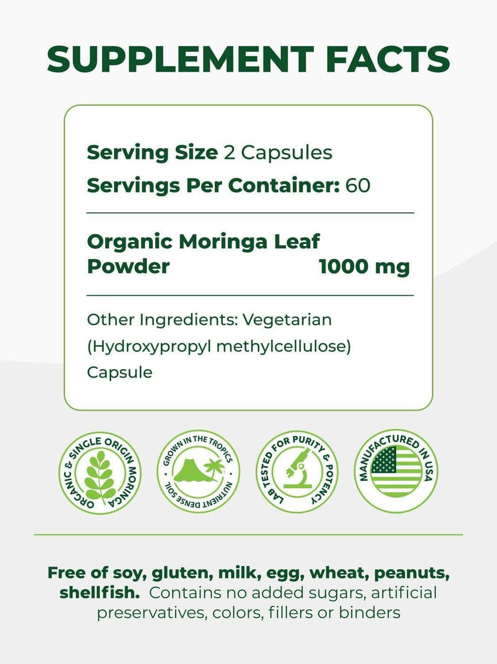Supplement facts label for organic moringa leaf powder capsules