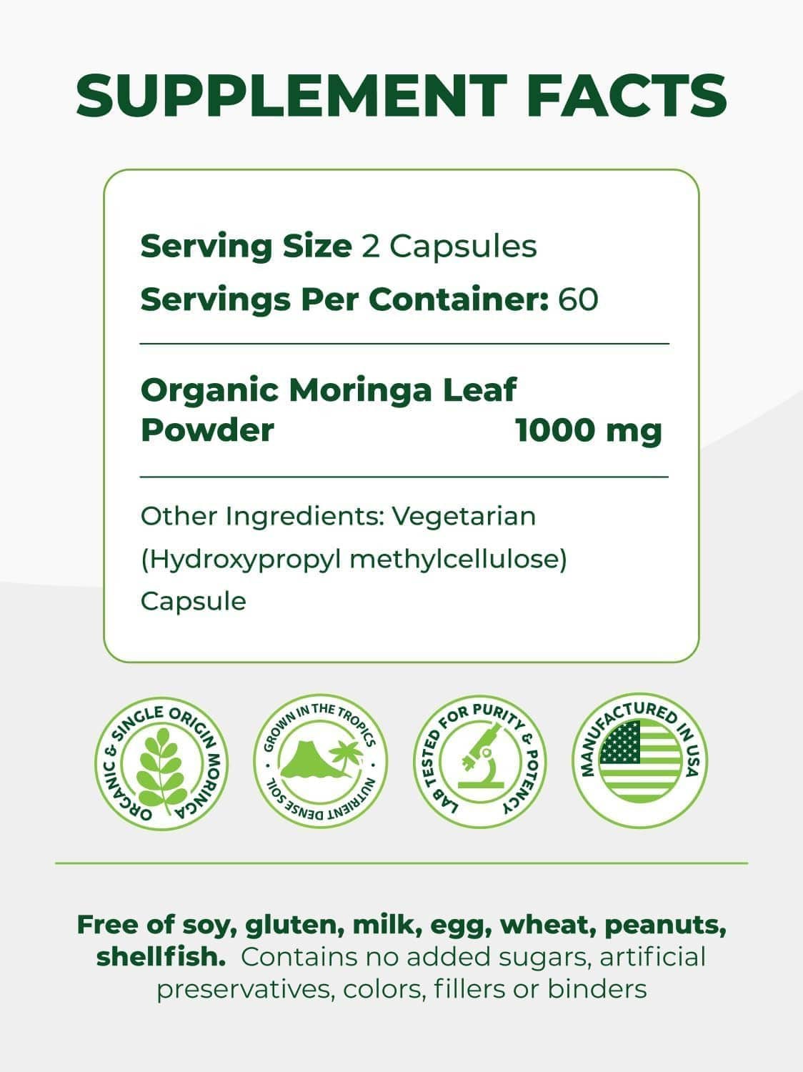 Supplement facts label for organic moringa leaf powder capsules