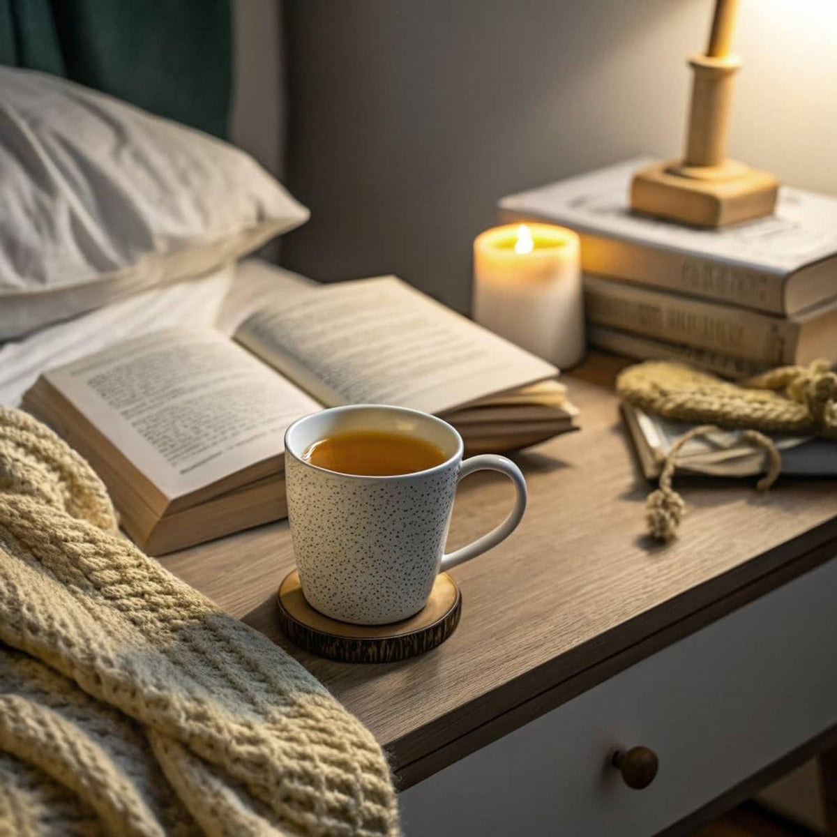 Turmeric ginger cinnamon herbal tea in a speckled mug on a table with pyramid bags