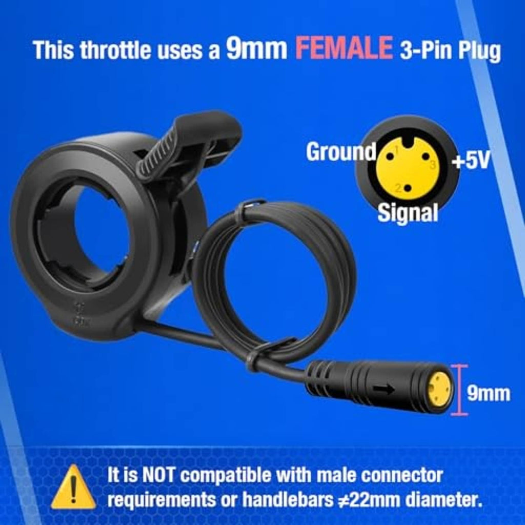 Thumb throttle with yellow 3-pin female plug and black cable, for e-bike controllers