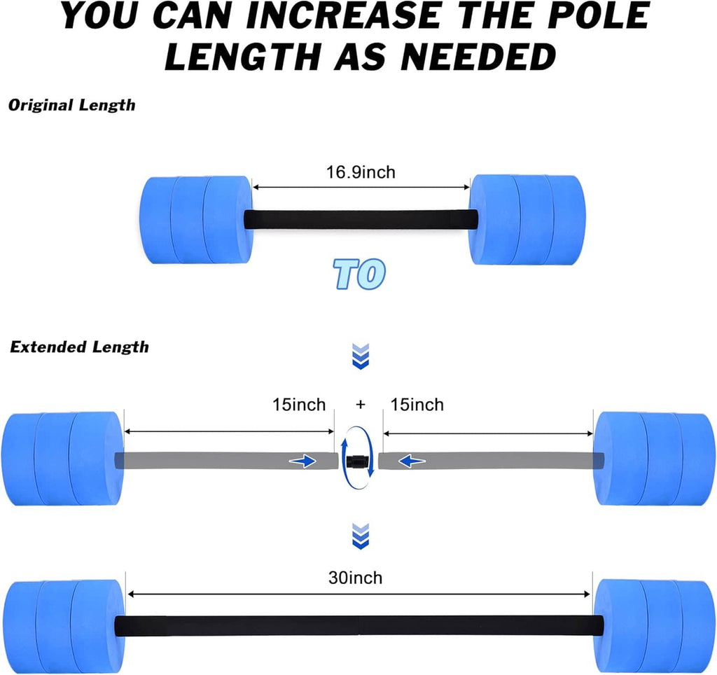 Adjustable water dumbbell pole with blue foam end weights, length-extension diagram