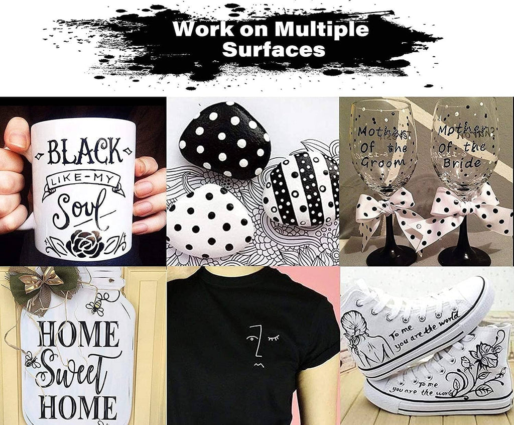Paint pen decorated crafts on mugs, shirts, and shoes with black-and-white designs