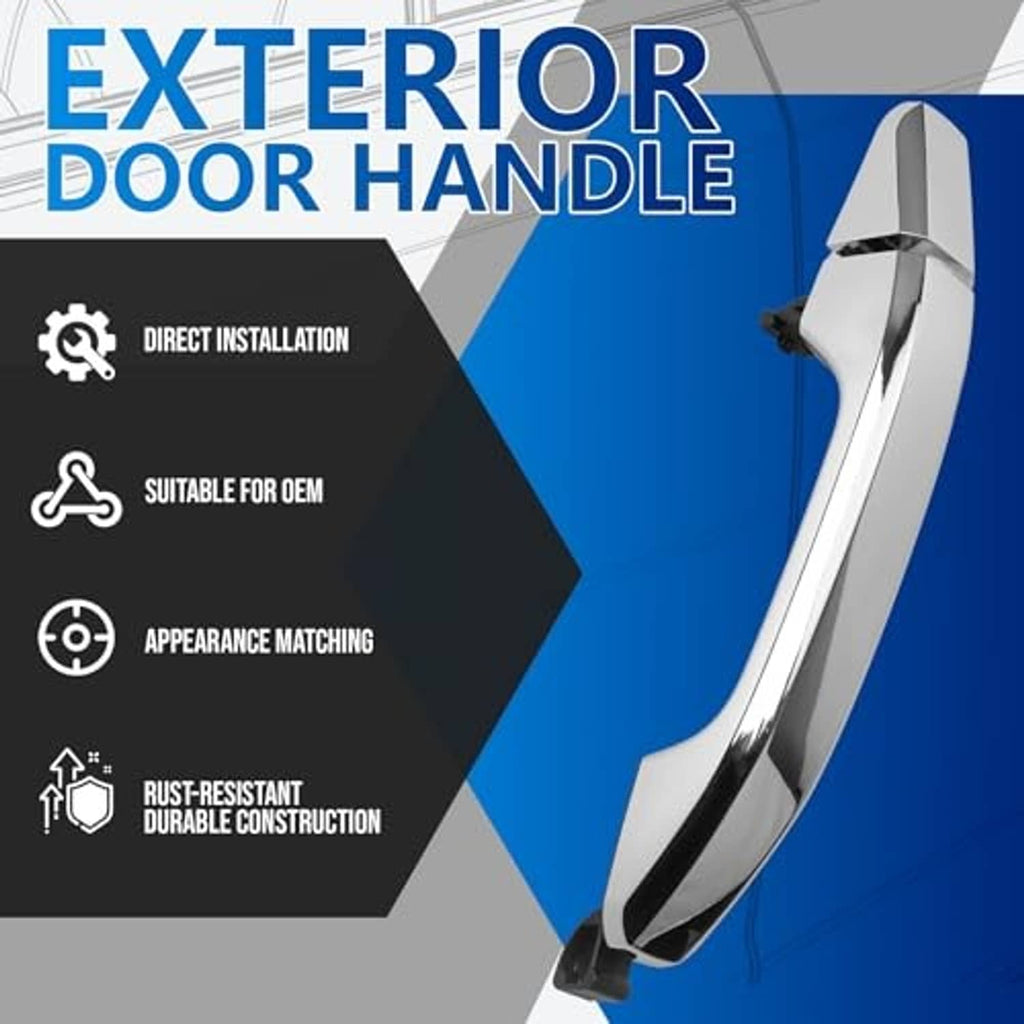 Exterior chrome door handle with black fastener points for direct installation