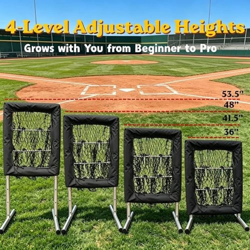 Set of four black adjustable-height strike zone pitching nets on stands
