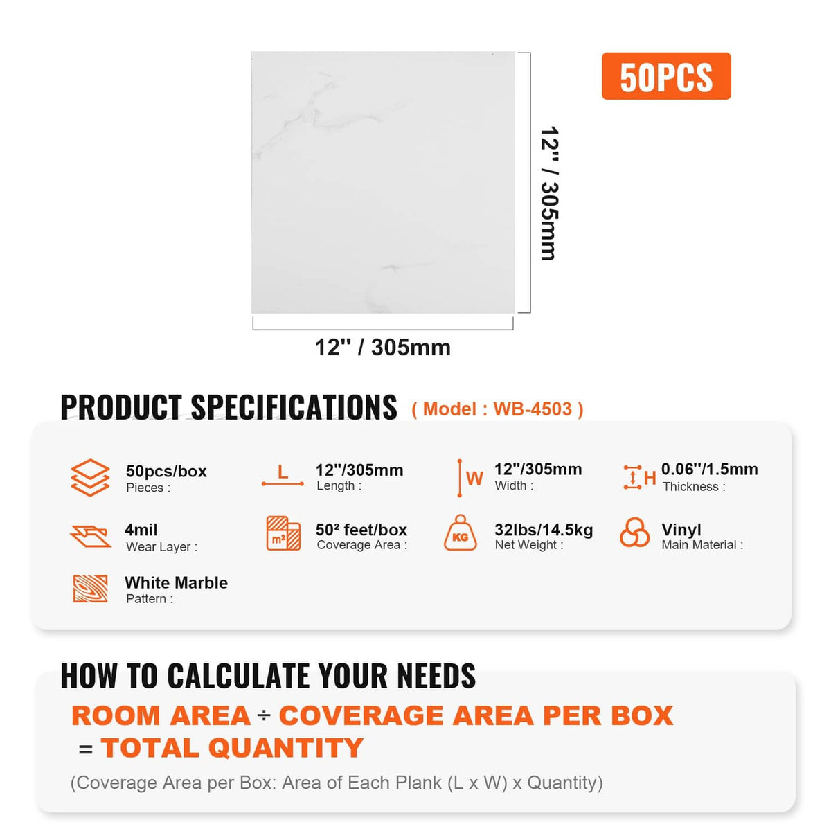 12 in square white marble-pattern self-adhesive vinyl tiles, 50-piece box