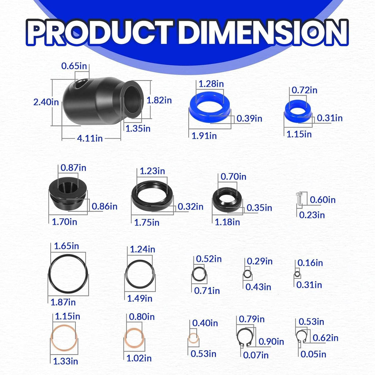 Hydraulic seal rebuild kit dimension chart with black housing and blue seal rings