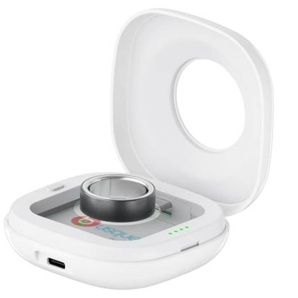 White portable charging case with lid and circular charging dock, compact design