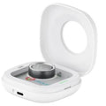 White portable charging case with lid and circular charging dock, compact design