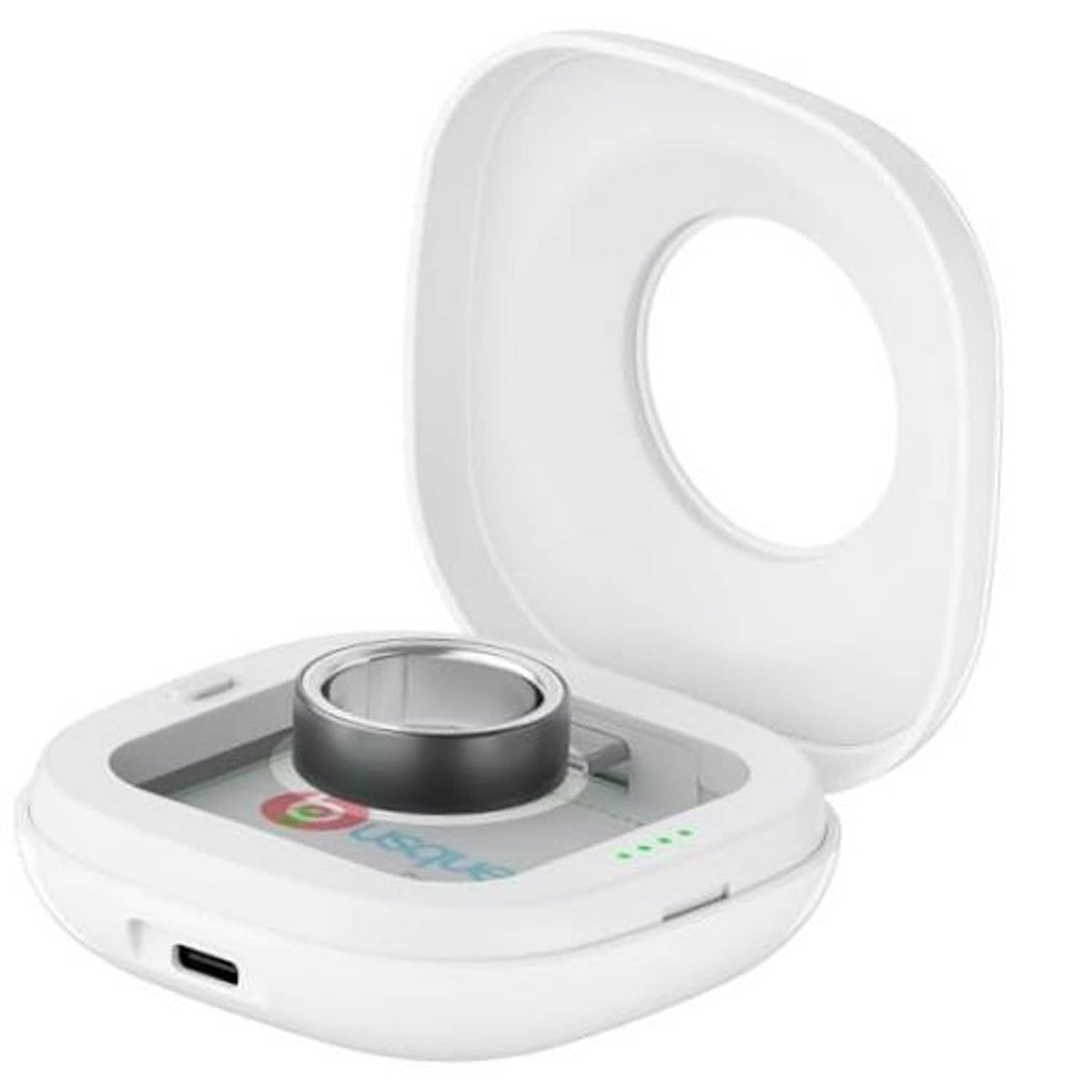 White portable charging case with lid and circular charging dock, compact design