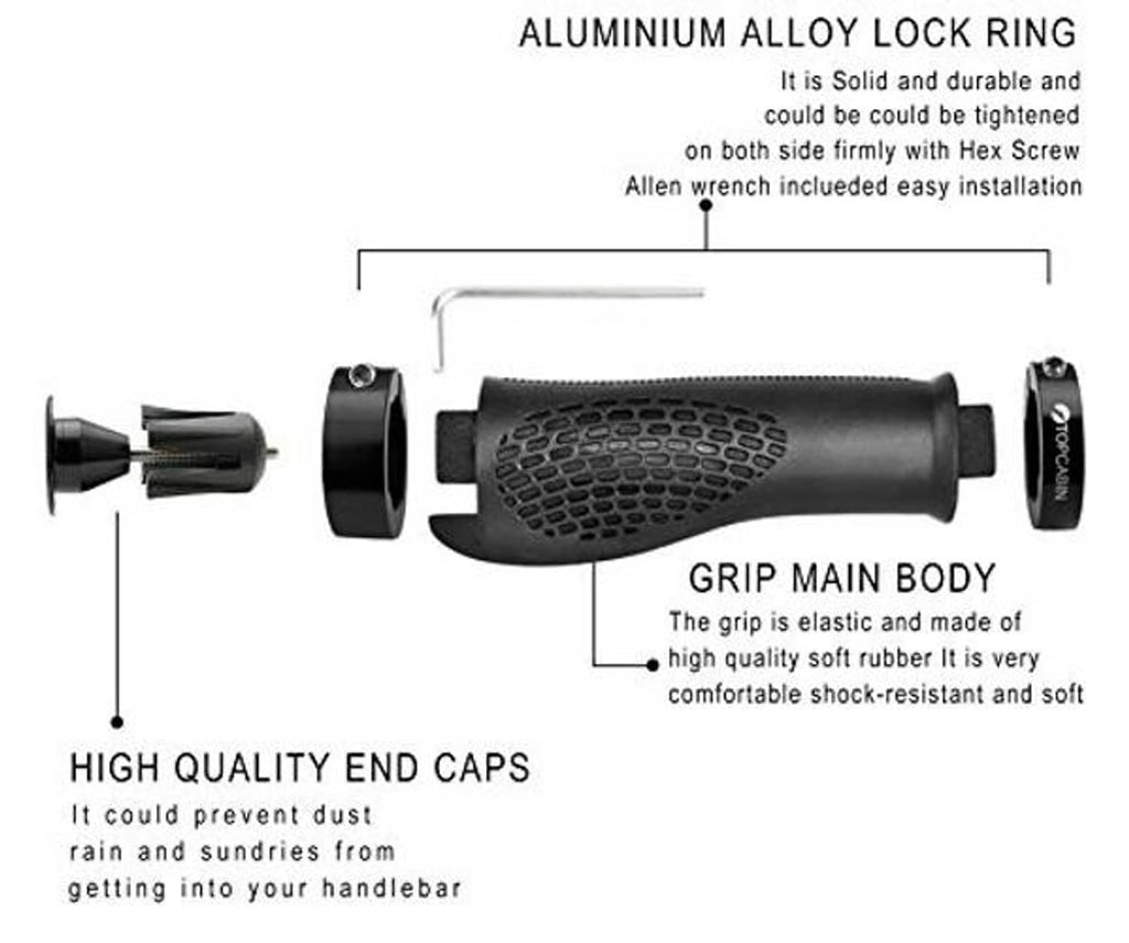 Bike handlebar grips with aluminum lock ring, end caps, and hex screw attachment