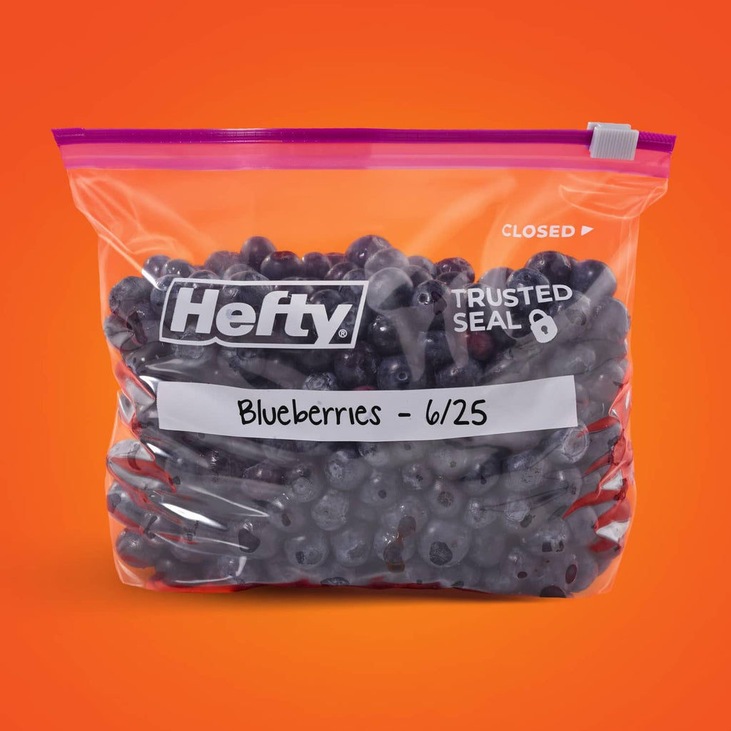 Closed quart storage slider bag filled with blueberries, trusted seal and slider closure