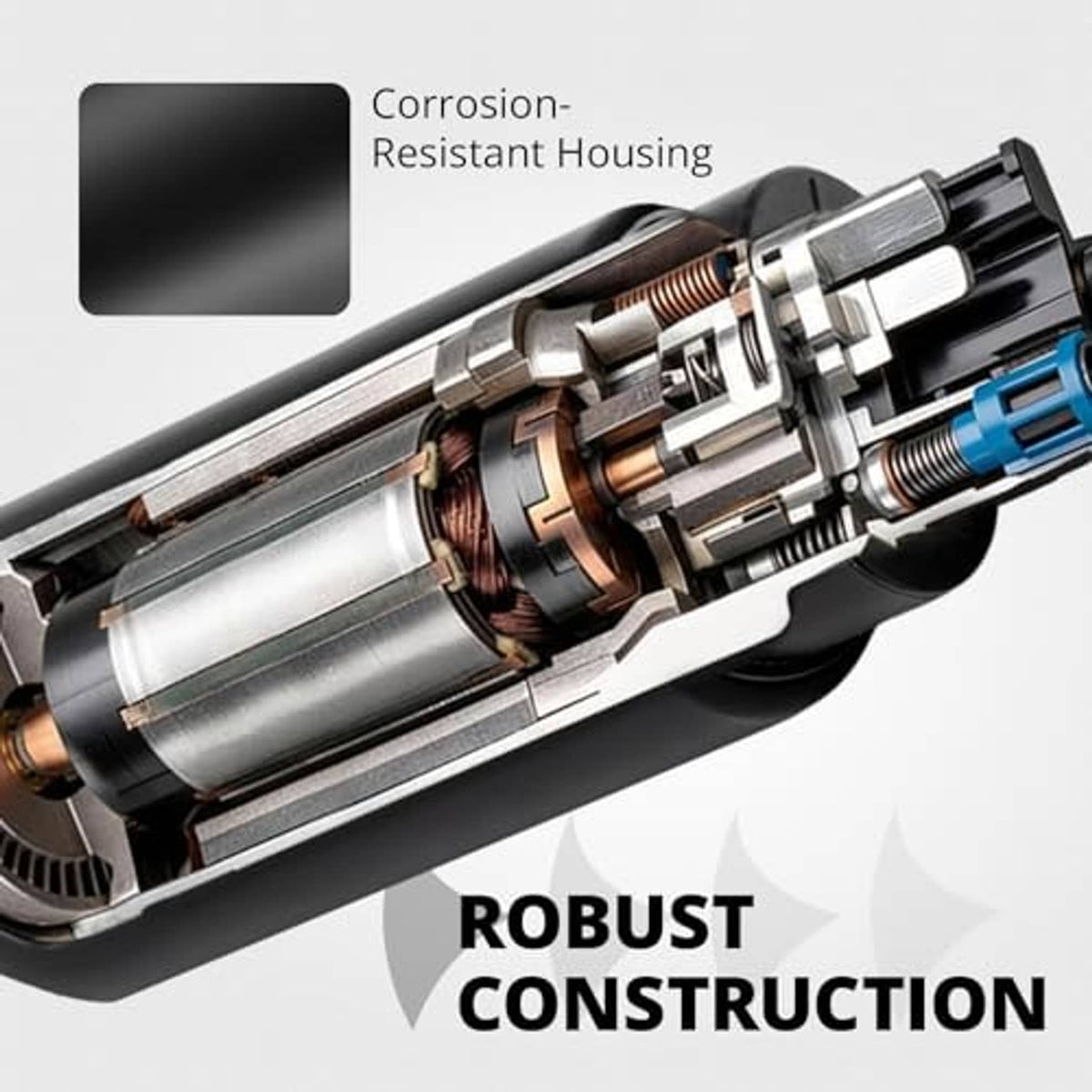 Electric in-tank fuel pump cutaway with internal components and corrosion-resistant housing