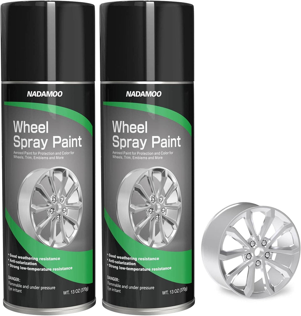Wheel spray paint aerosol cans with silver alloy wheel for rim recoloring