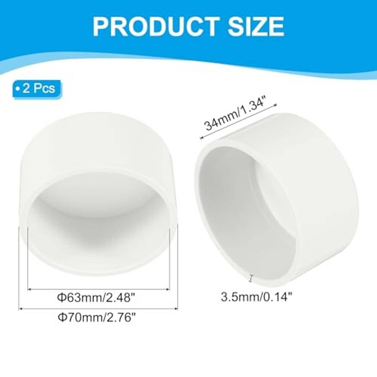 White PVC pipe end cap fitting with diameter measurements diagram.
