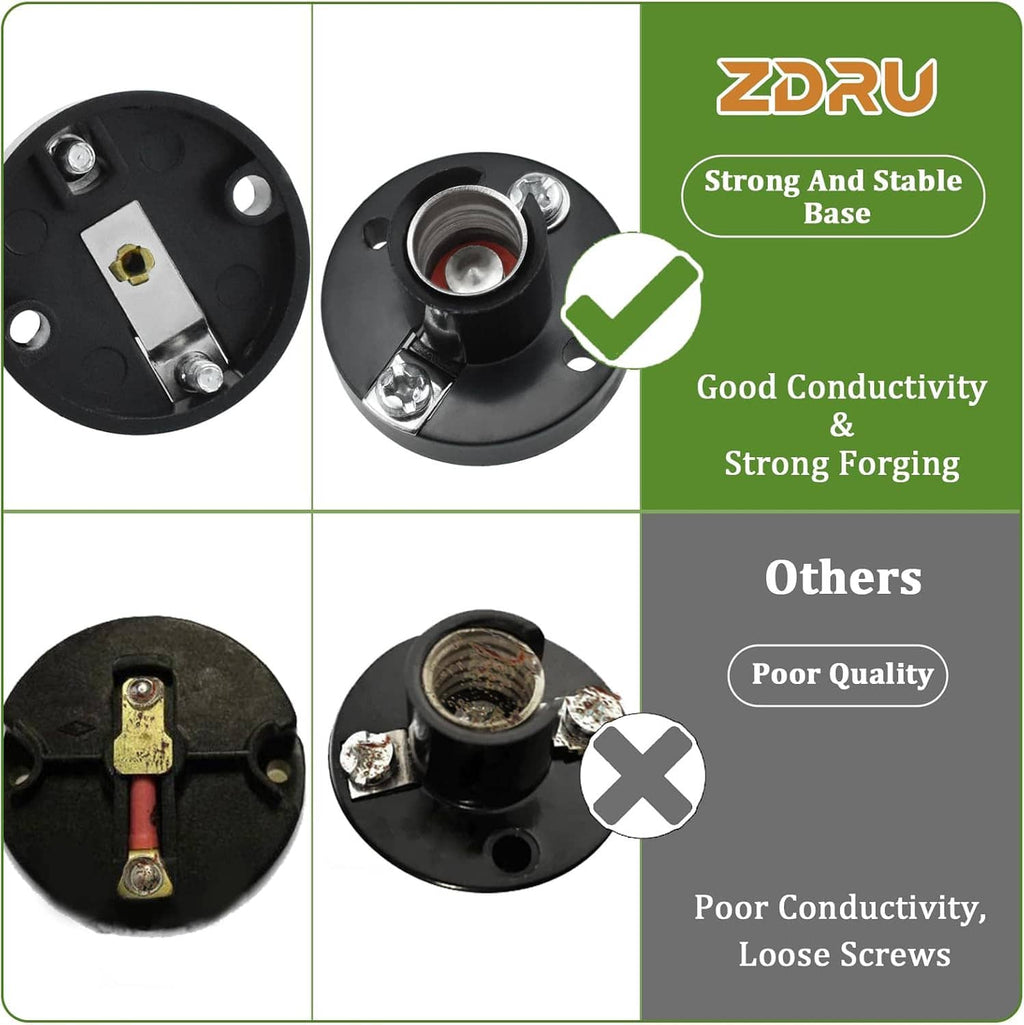 Black E10 lamp base with metal contacts and screw points, close-up comparison panel