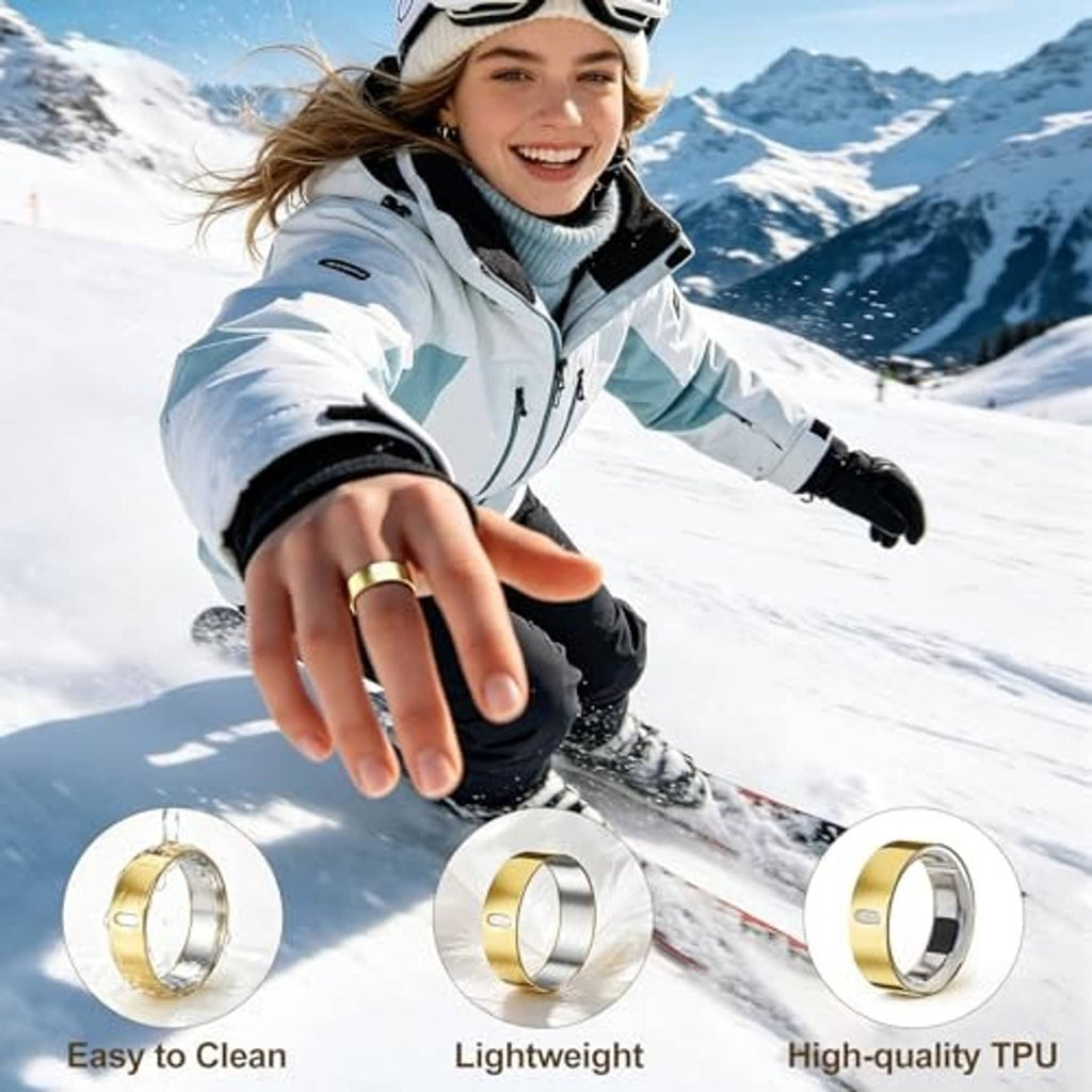 Gold TPU ring covers set with slim oval opening, shown on outdoor snow