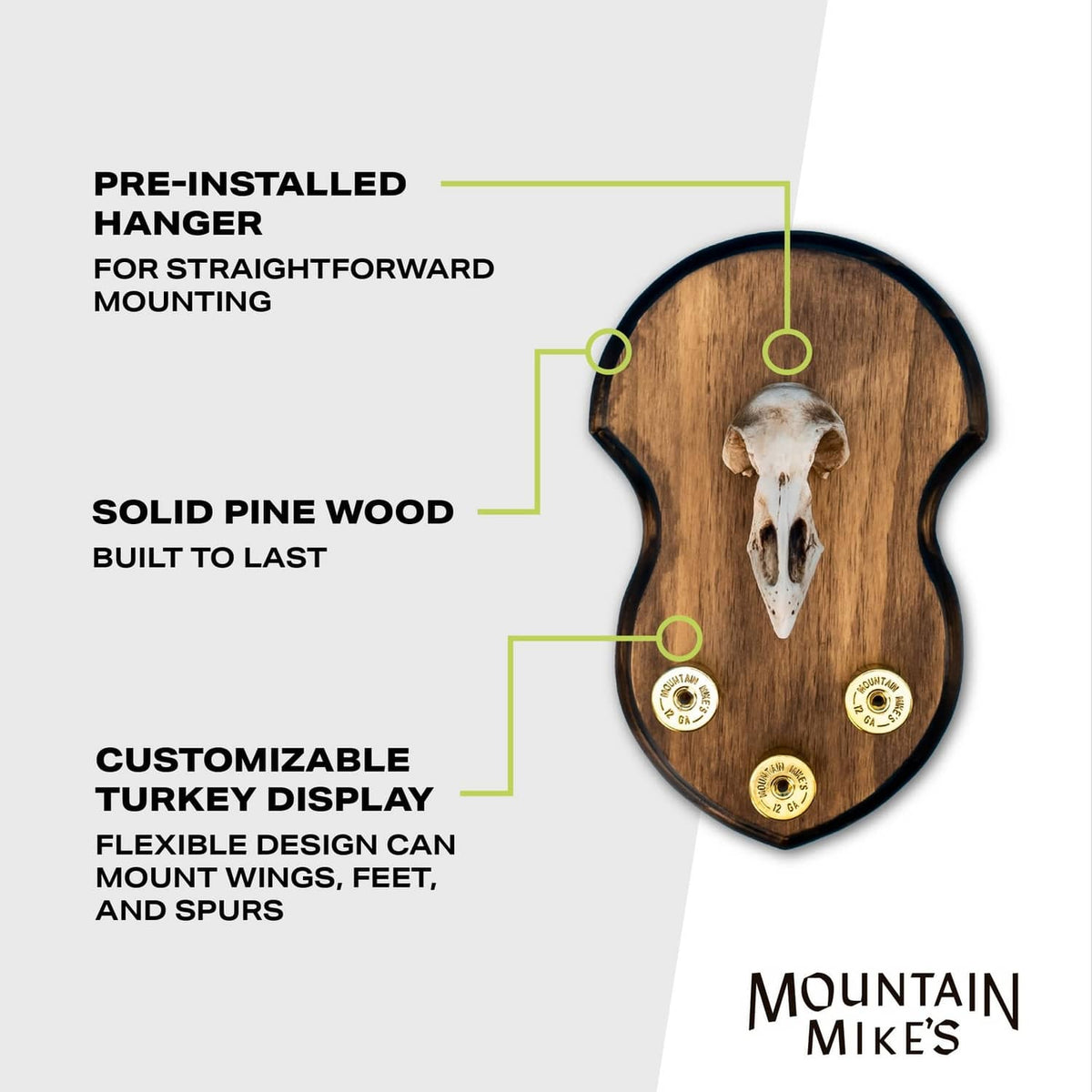 Wood turkey mounting plaque with pre-installed hanger and brass hook mounts