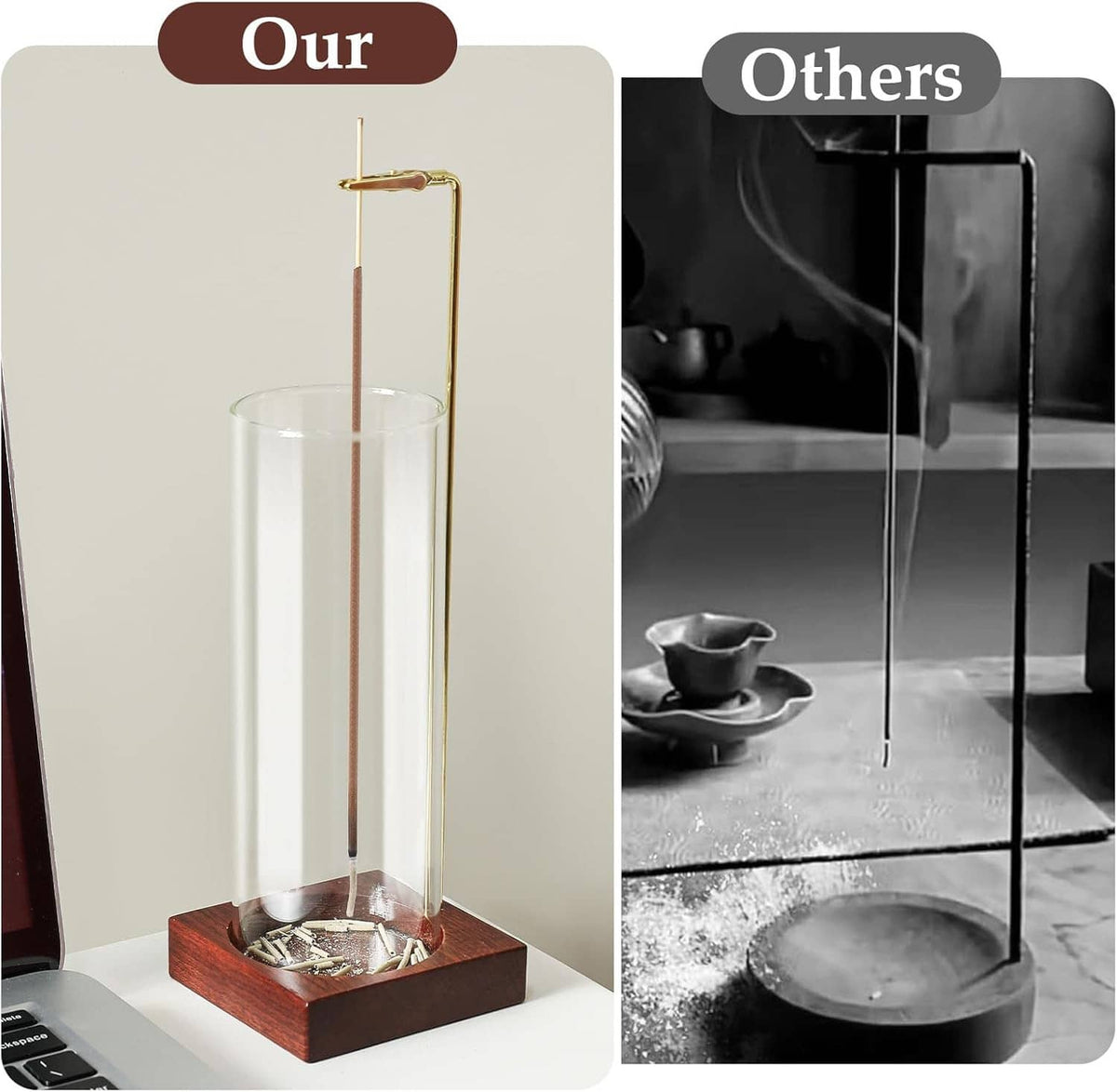 Gold-framed incense holder with clear glass cylinder and dark wood base, shown for comparison