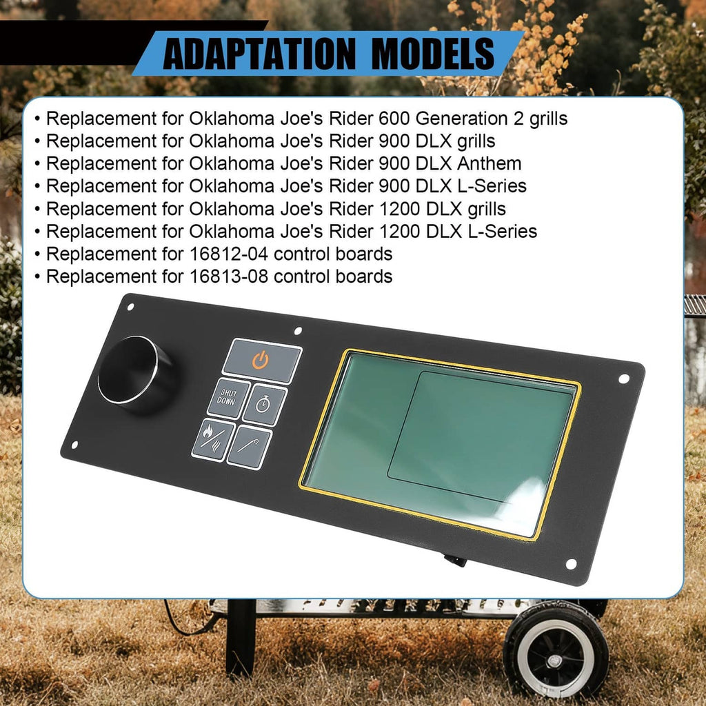 Pellet grill control board faceplate with knob, control buttons, and green backlit display