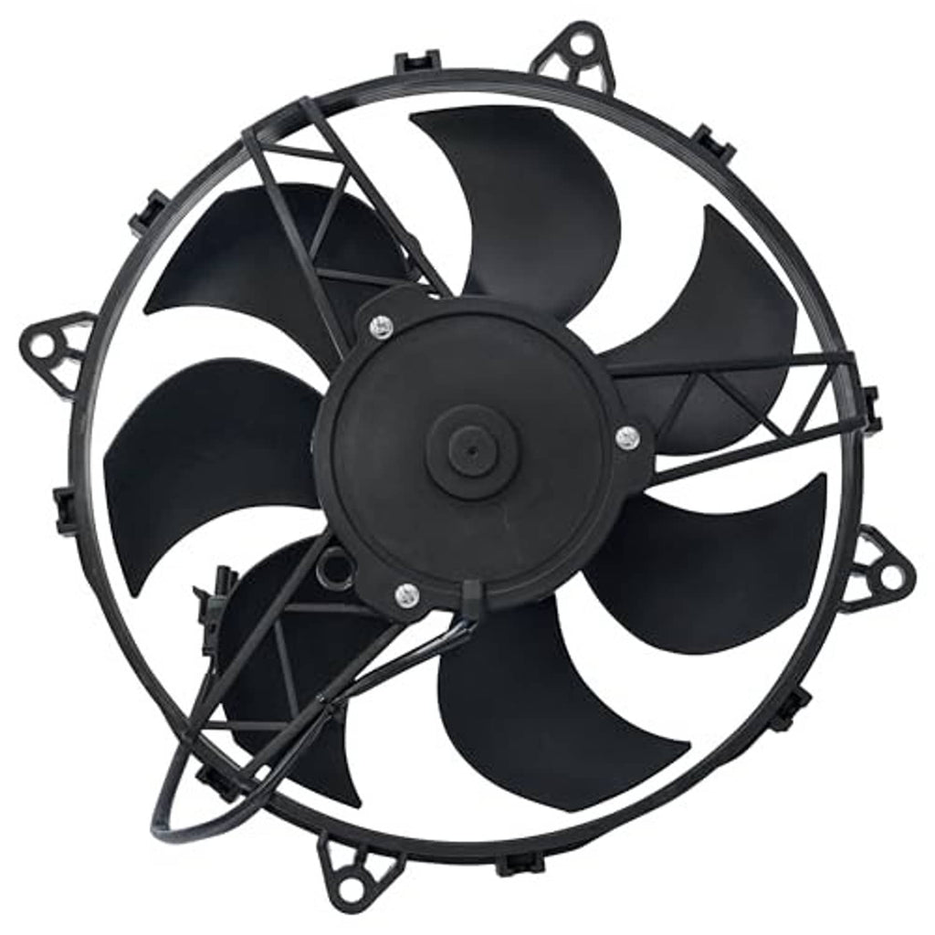 Radiator cooling fan motor assembly with black fan blades and mounting shroud