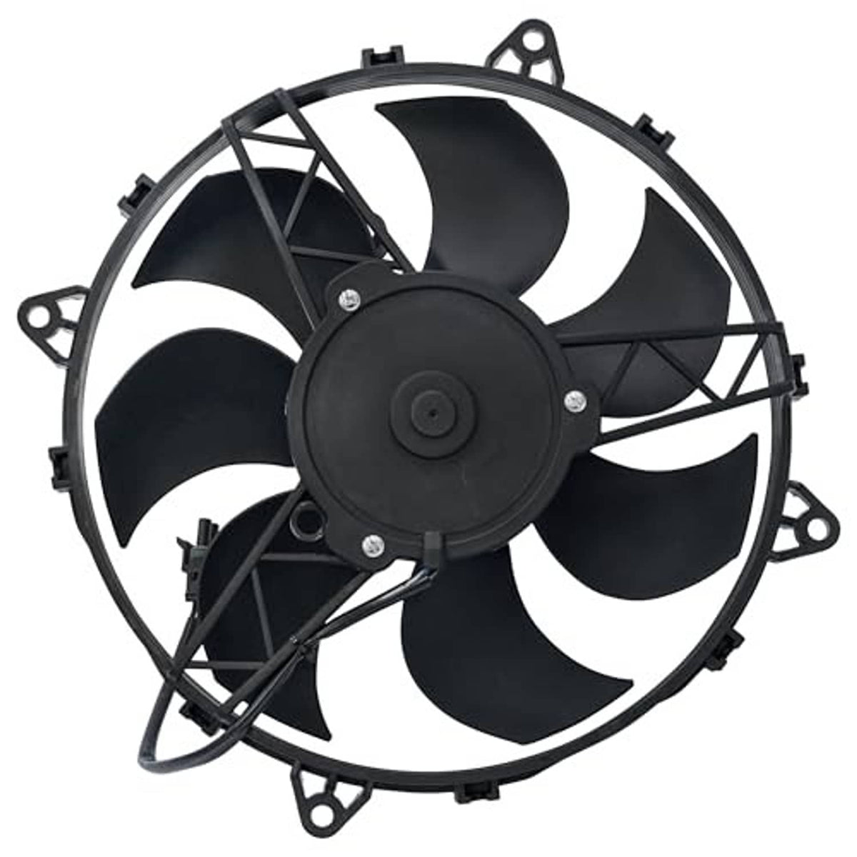 Radiator cooling fan motor assembly with black fan blades and mounting shroud