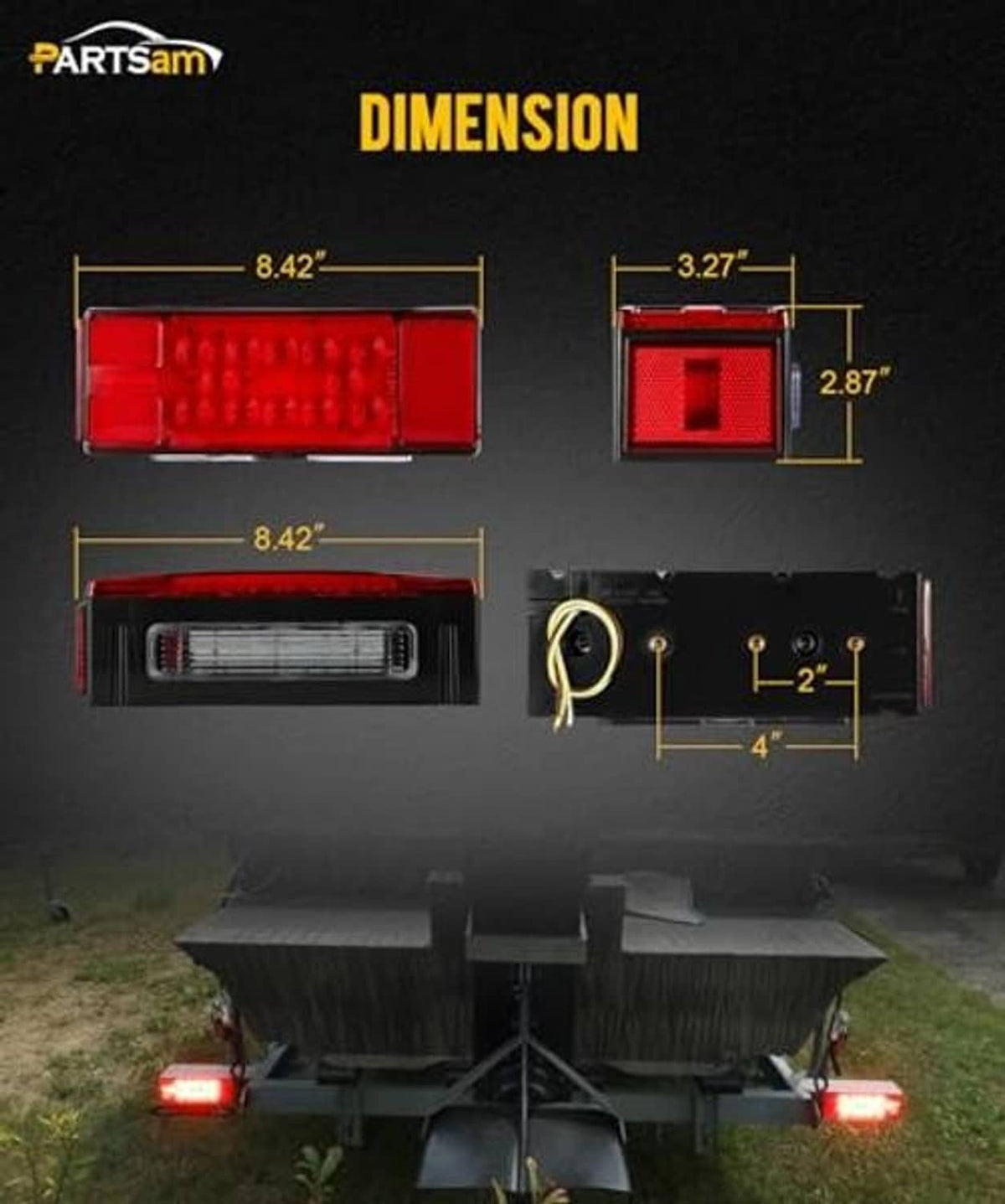 Red low-profile rectangular LED trailer lights with black housing, size reference