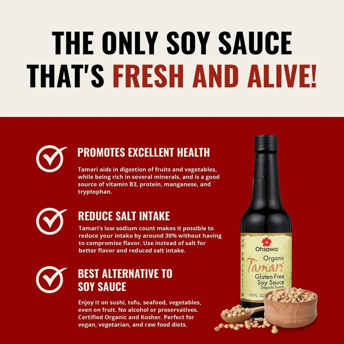 Organic tamari sauce bottle, black glass with tan gluten-free label