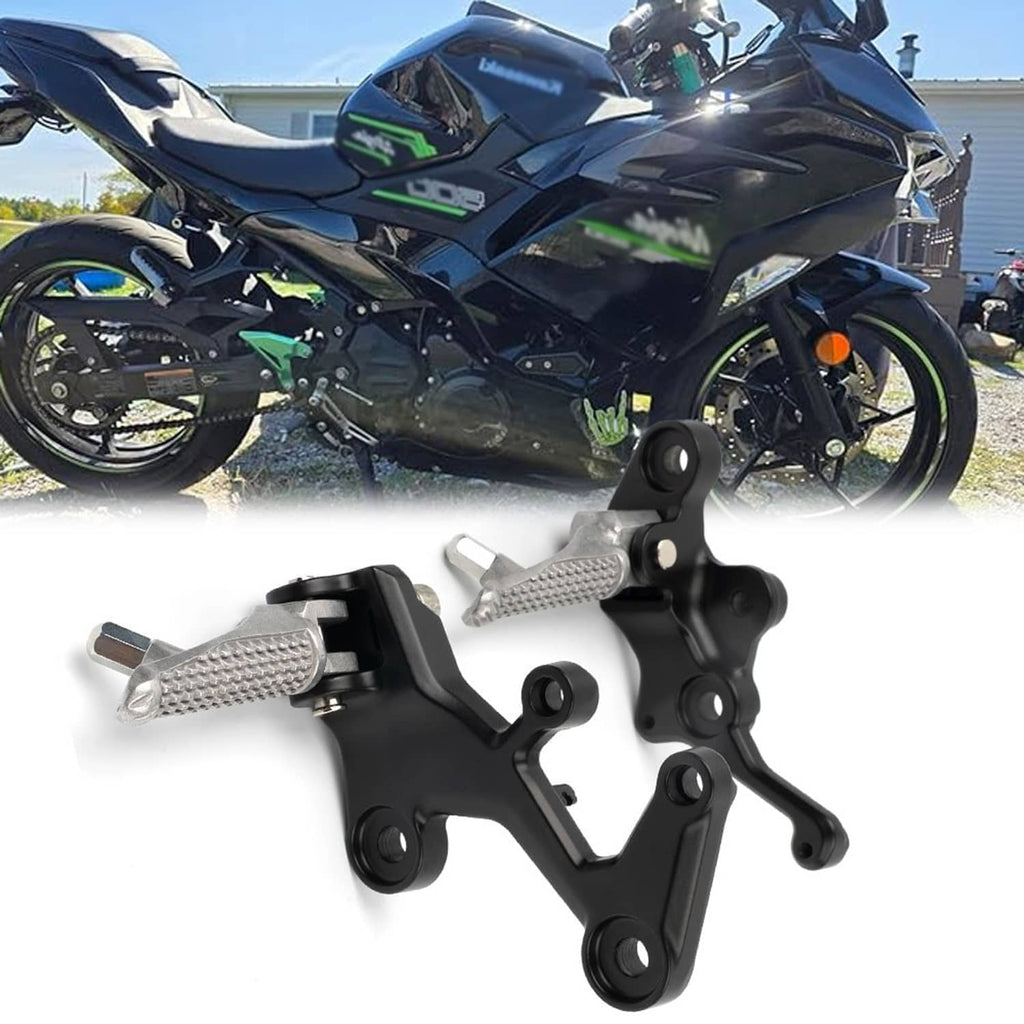 Front driver foot peg brackets with textured silver foot pegs on a sport motorcycle