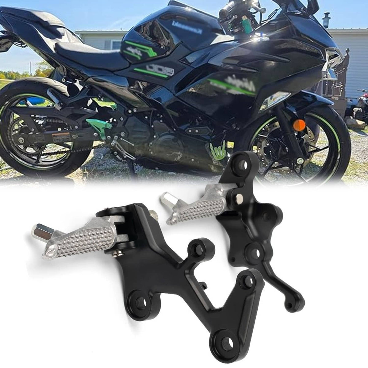 Front driver foot peg brackets with textured silver foot pegs on a sport motorcycle
