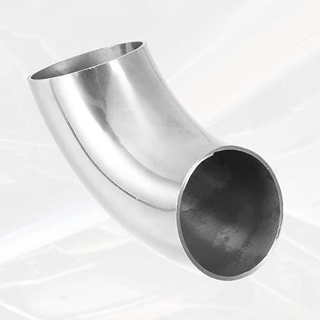 Polished stainless steel 90-degree exhaust elbow with dark interior outlet