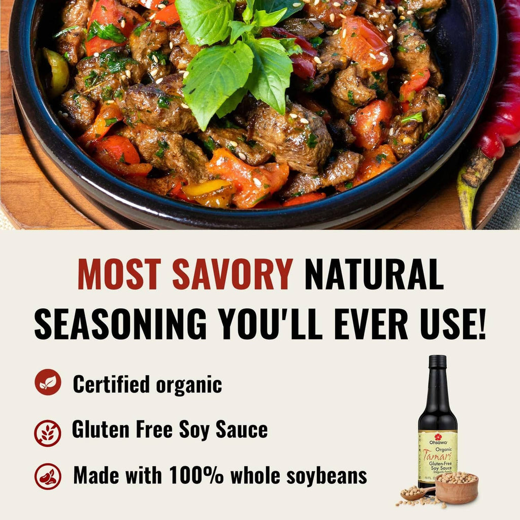 Organic tamari sauce bottle with savory meat dish in bowl