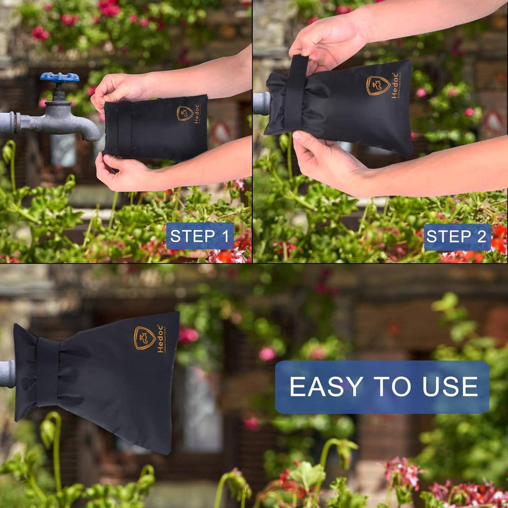 Hand placing black faucet cover over outdoor spigot; cover held in place