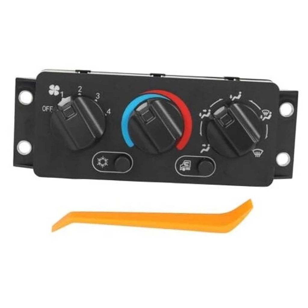 Black A/C climate control panel with fan knob, indicator ring, and labeled control icons