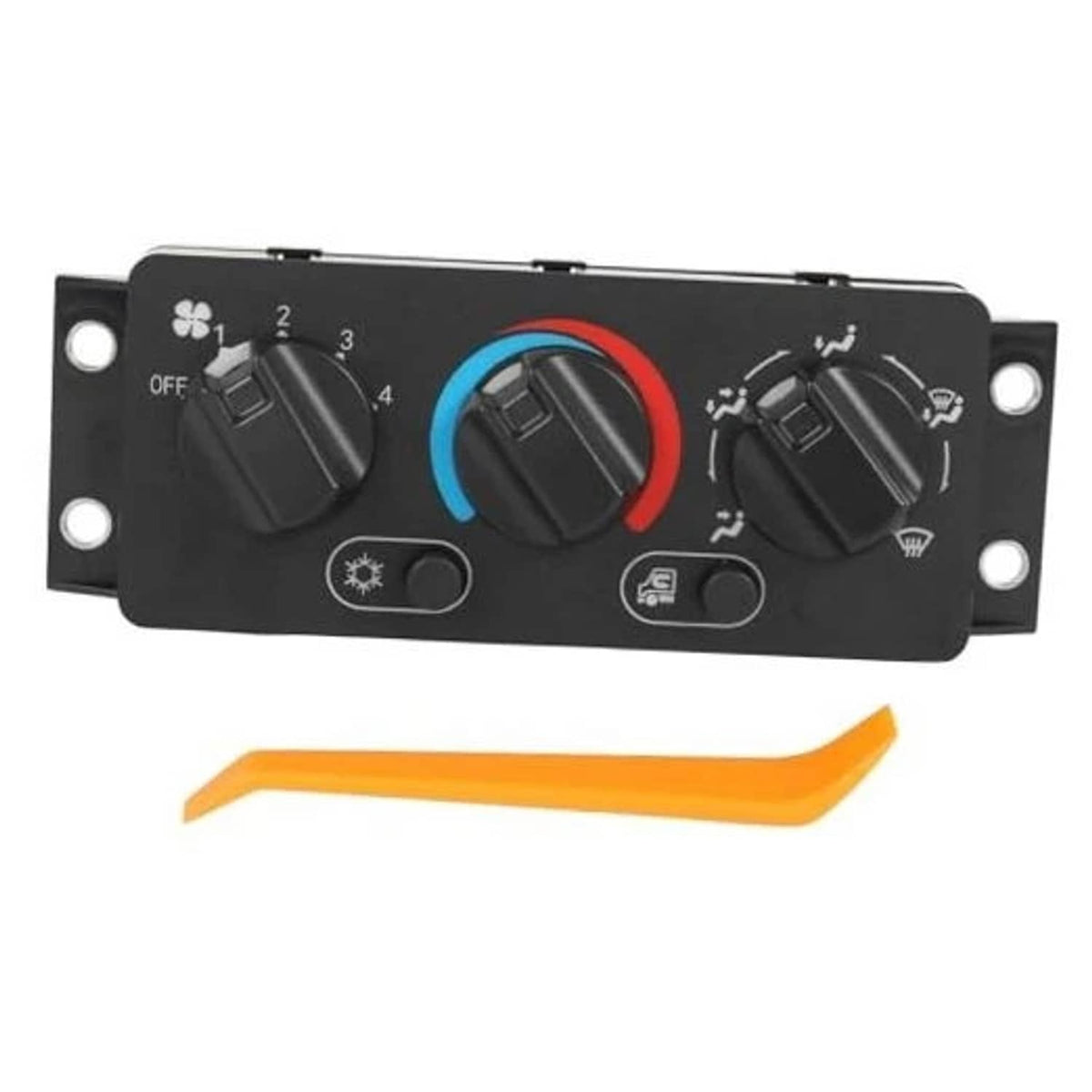 Black A/C climate control panel with fan knob, indicator ring, and labeled control icons