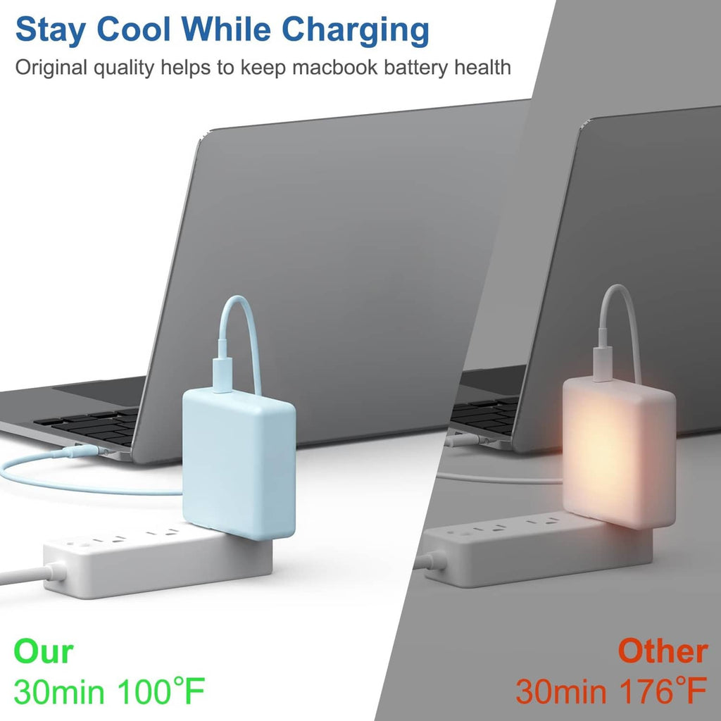 Light blue USB-C power adapter charging a laptop with USB-C cable connection