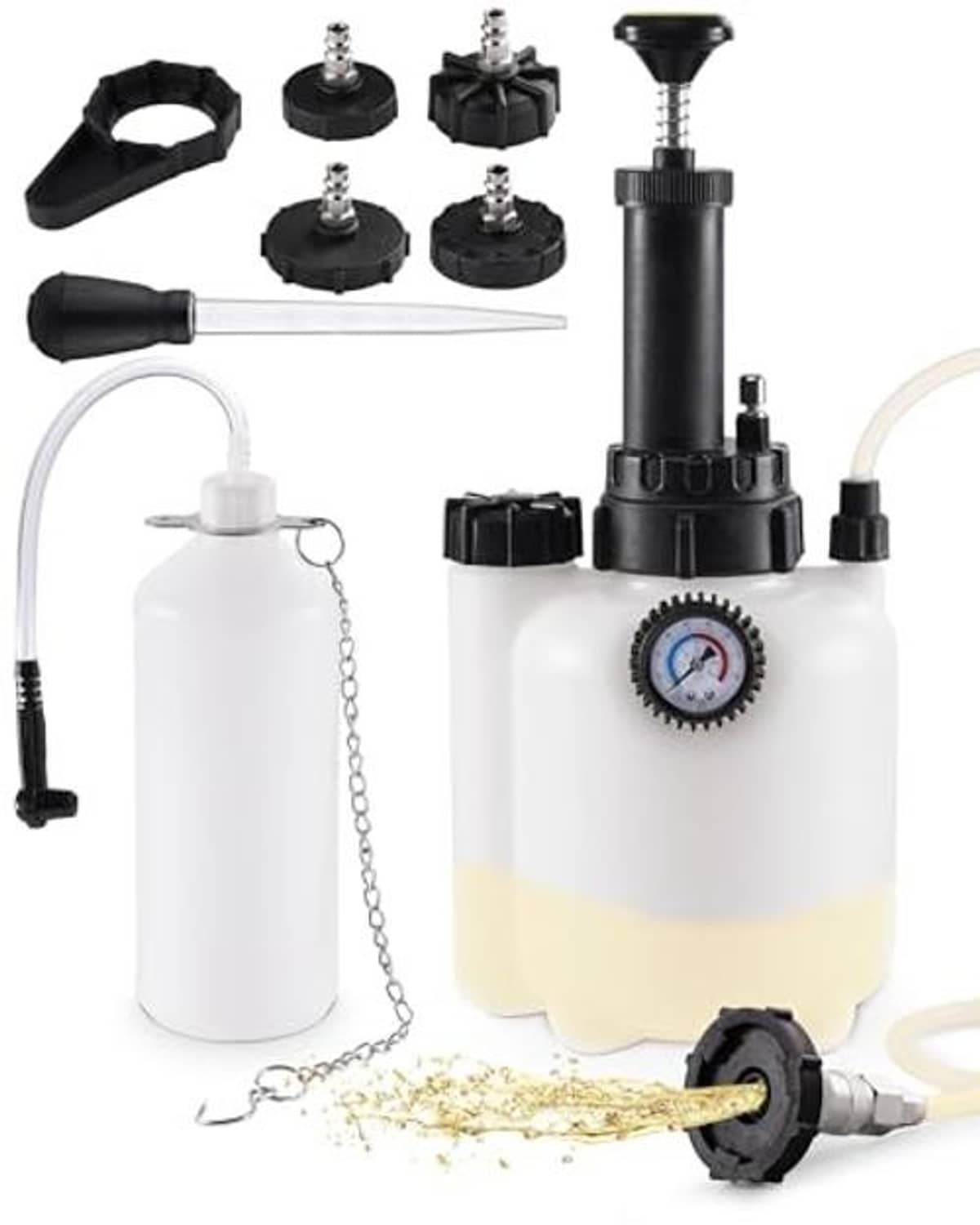 Complete pressure brake bleeder kit with white 1L catch bottle, hose, and adapter caps