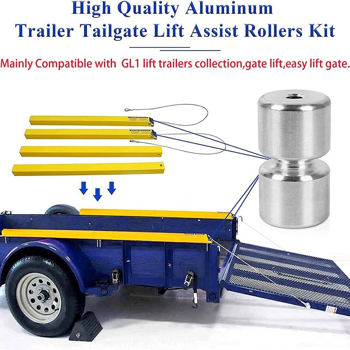 Liftgate assist rollers kit with two silver roller units mounted on a yellow bracket arm