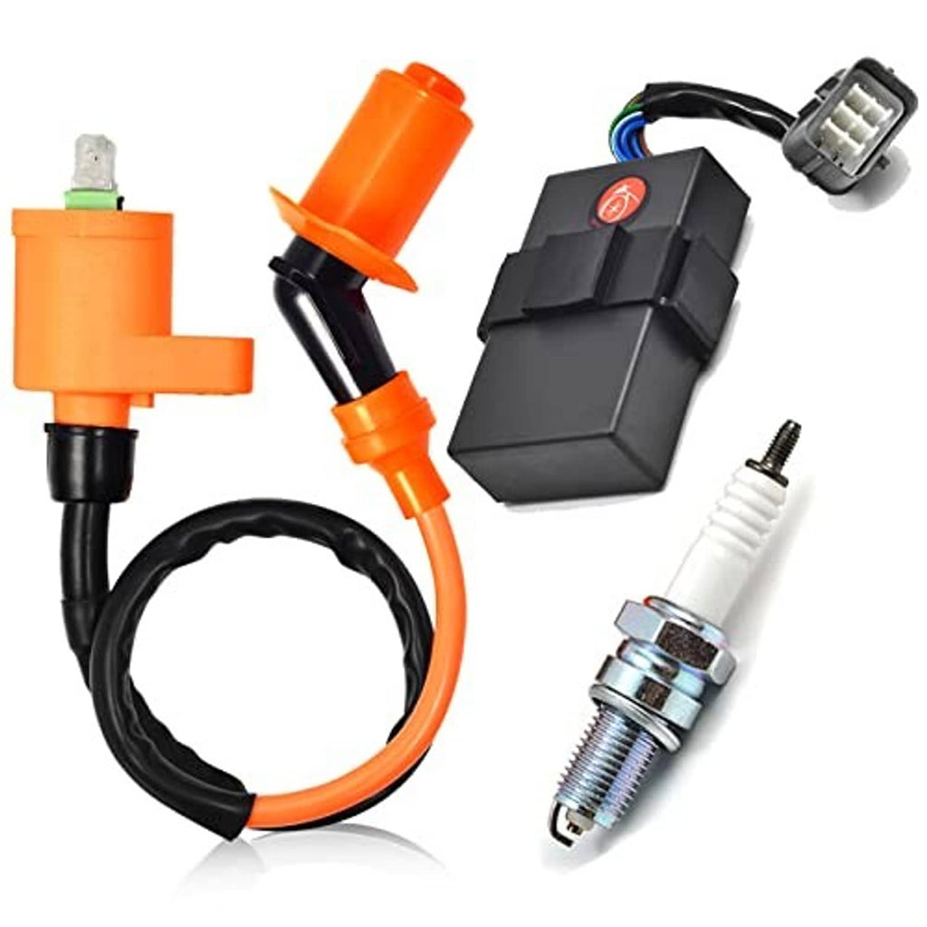 Orange ignition coil with black CDI box and spark plug, plus wiring