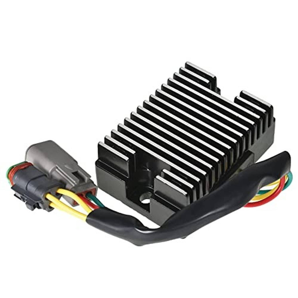 Black finned voltage regulator module angled view with gray connector and wire leads