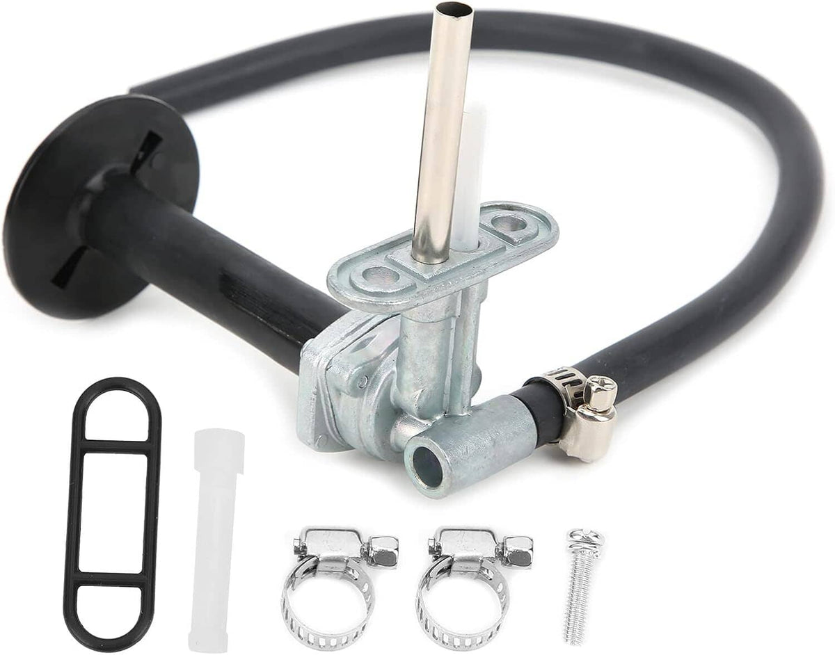 Metal fuel petcock valve with black fuel hose and mounting clips, full kit shown