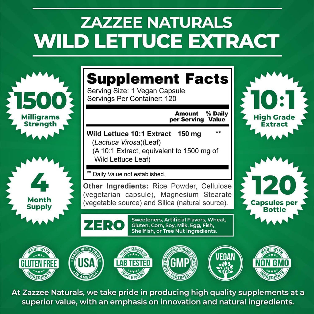 Wild lettuce extract supplement facts panel with serving size and 1500 mg strength