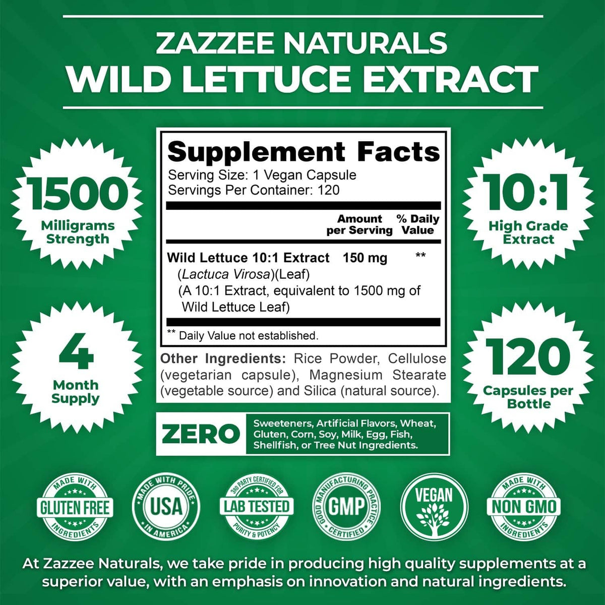Wild lettuce extract supplement facts panel with serving size and 1500 mg strength