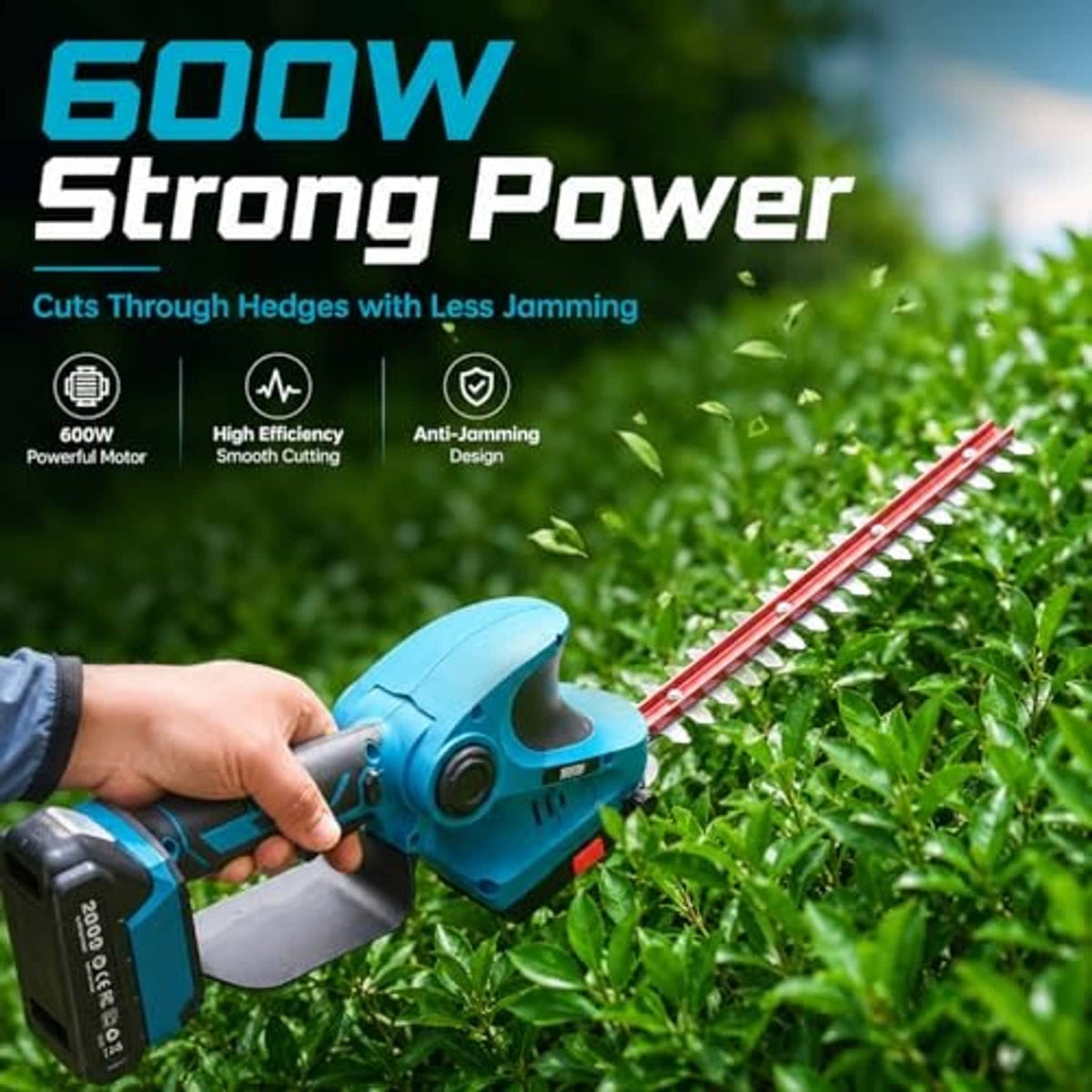 Blue cordless hedge trimmer cutting hedge with long red blade