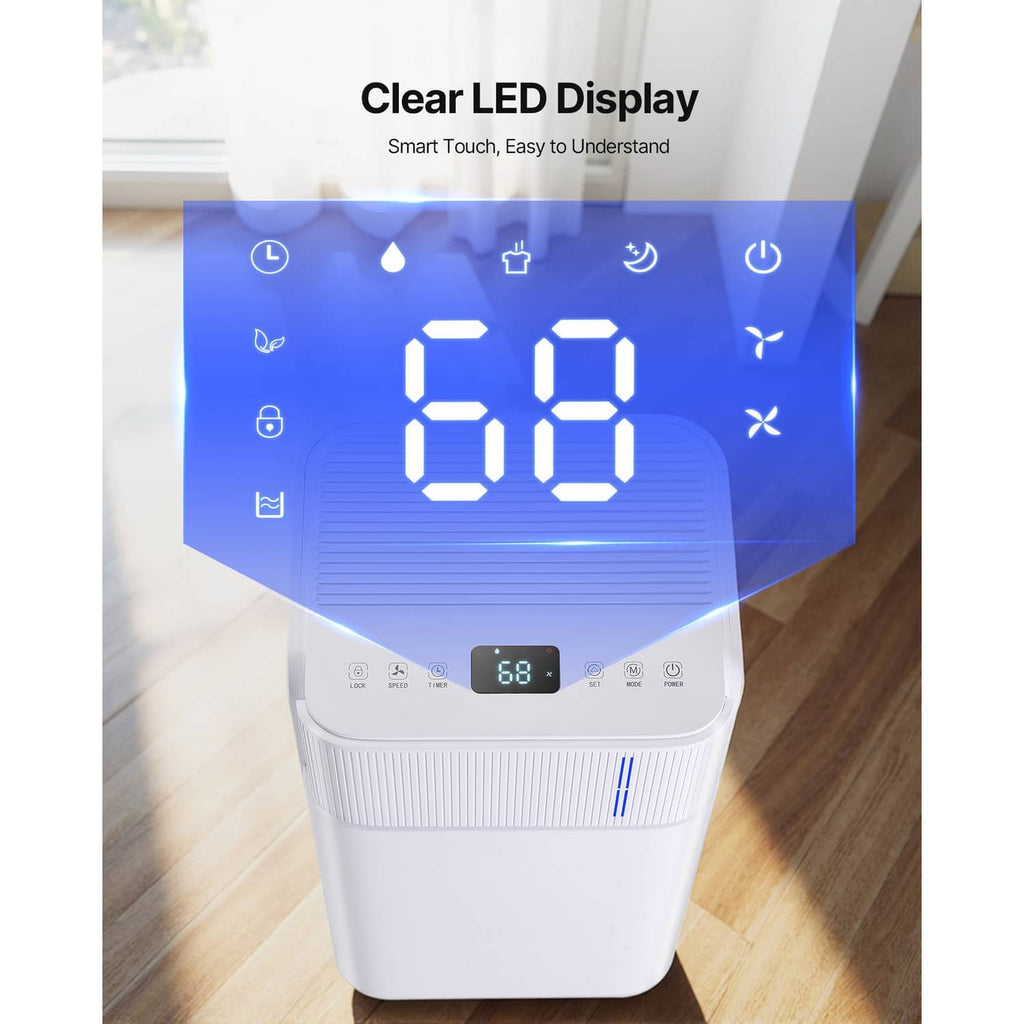 White dehumidifier with blue LED display showing 68 and blue indicator strip